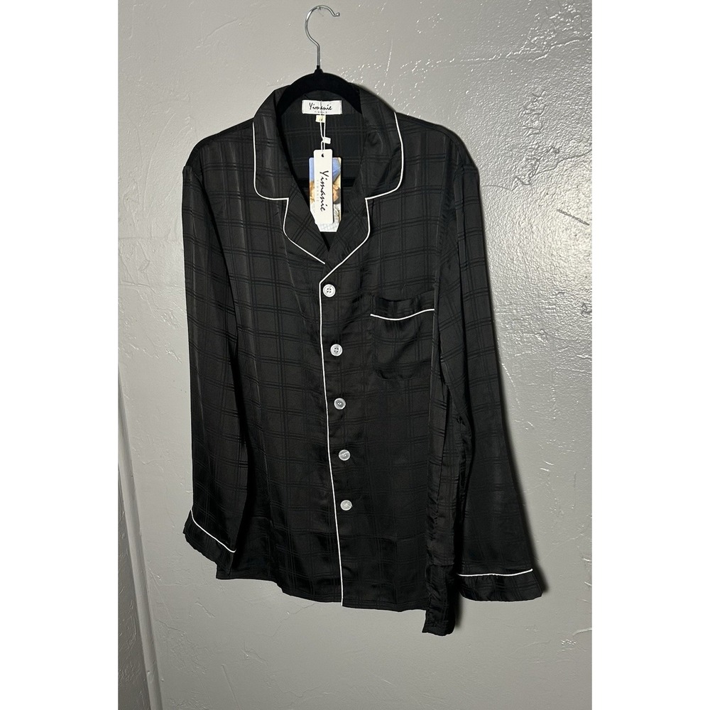 Women's Satin Black‎ With White Detail Piping Night Shirt Or Blouse Size Med NWT